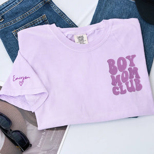 Custom embroidered boy mom shirt with kids names on sleeve personalized gift for new mother wearing casual outfit