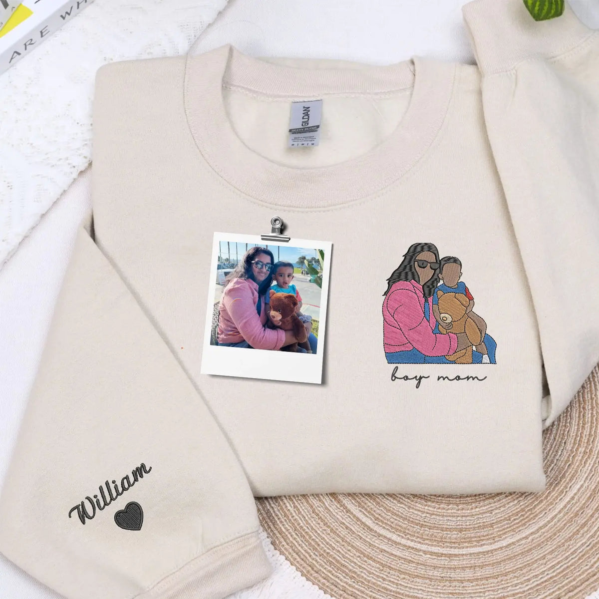 custom embroidered boy mom sweatshirt with kids name on sleeve and personalized family portrait