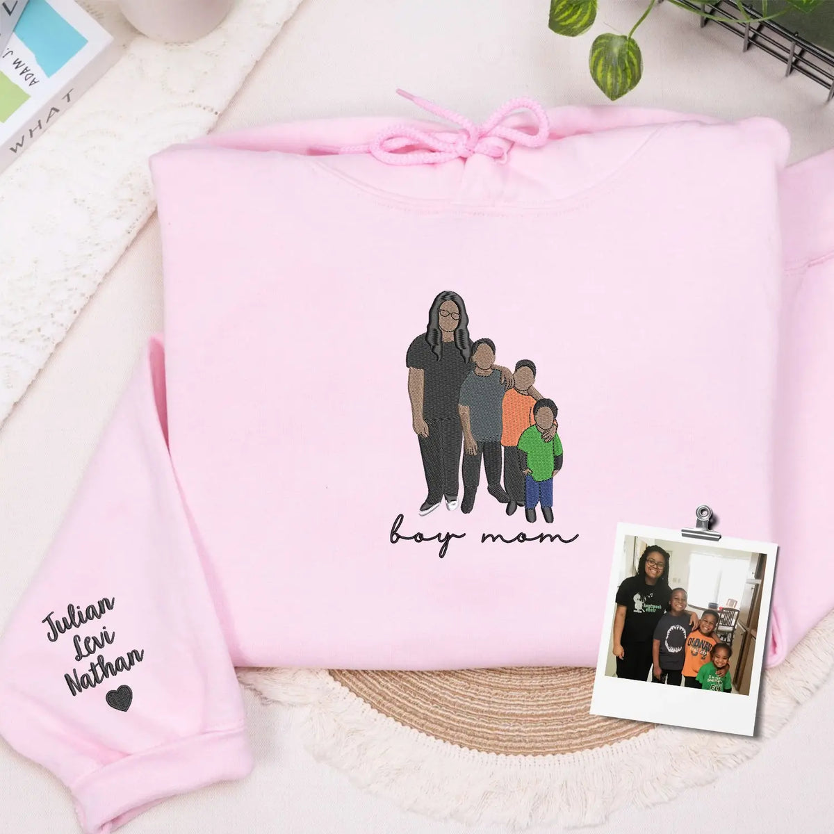 custom embroidered boy mom sweatshirt with kids name on sleeve and personalized family portrait