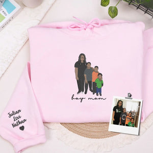custom embroidered boy mom sweatshirt with kids name on sleeve and personalized family portrait