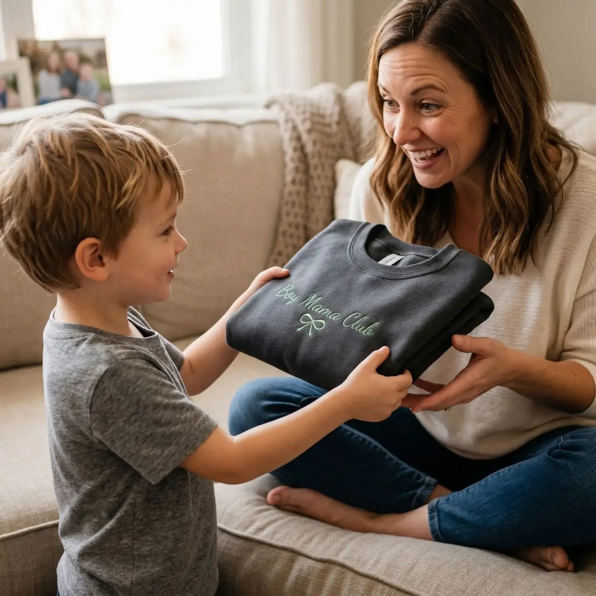 Custom embroidered boy mom sweatshirt with kids names personalized Mother's Day gift for proud mom