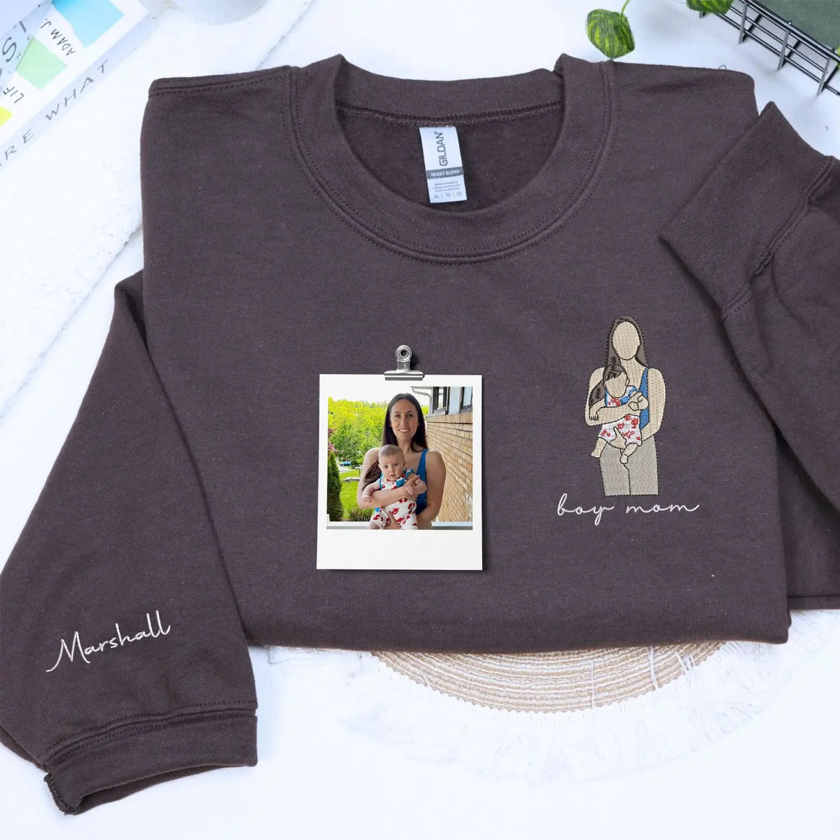 custom embroidered boy mom sweatshirt with kids name on sleeve and personalized family portrait