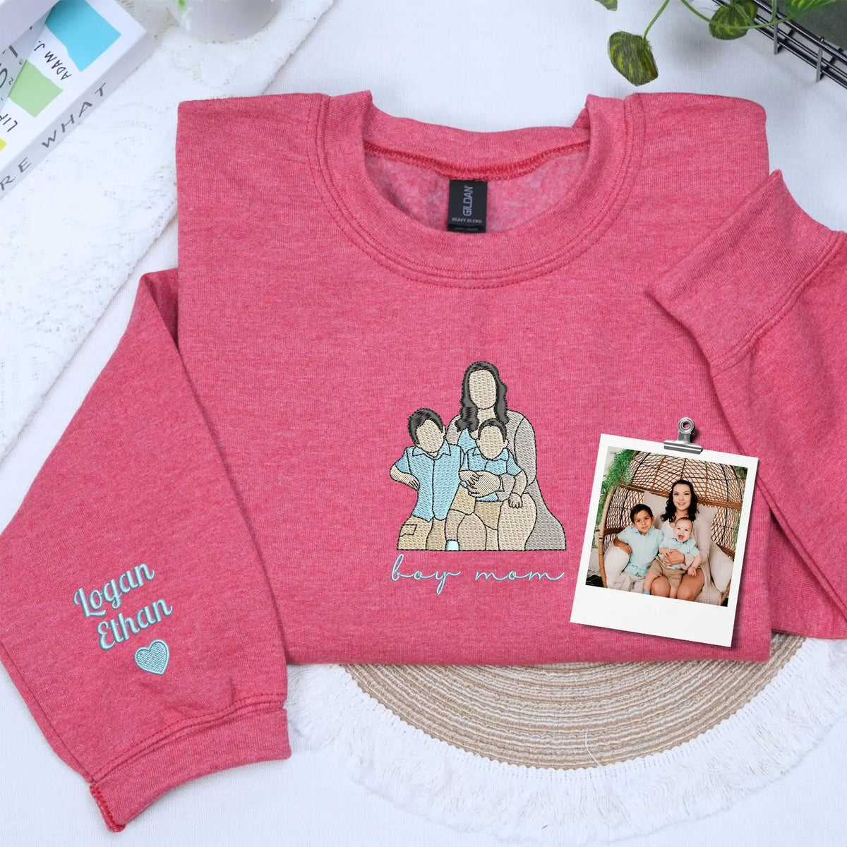 custom embroidered boy mom sweatshirt with kids name on sleeve and personalized family portrait