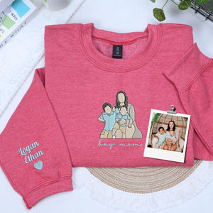 custom embroidered boy mom sweatshirt with kids name on sleeve and personalized family portrait