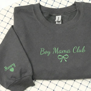 Custom embroidered boy mom sweatshirt with kids names personalized Mother's Day gift for proud mom