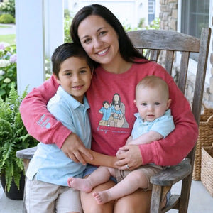 custom embroidered boy mom sweatshirt with kids name on sleeve and personalized family portrait