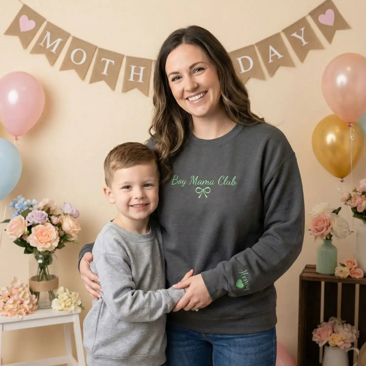 Custom embroidered boy mom sweatshirt with kids names personalized Mother's Day gift for proud mom