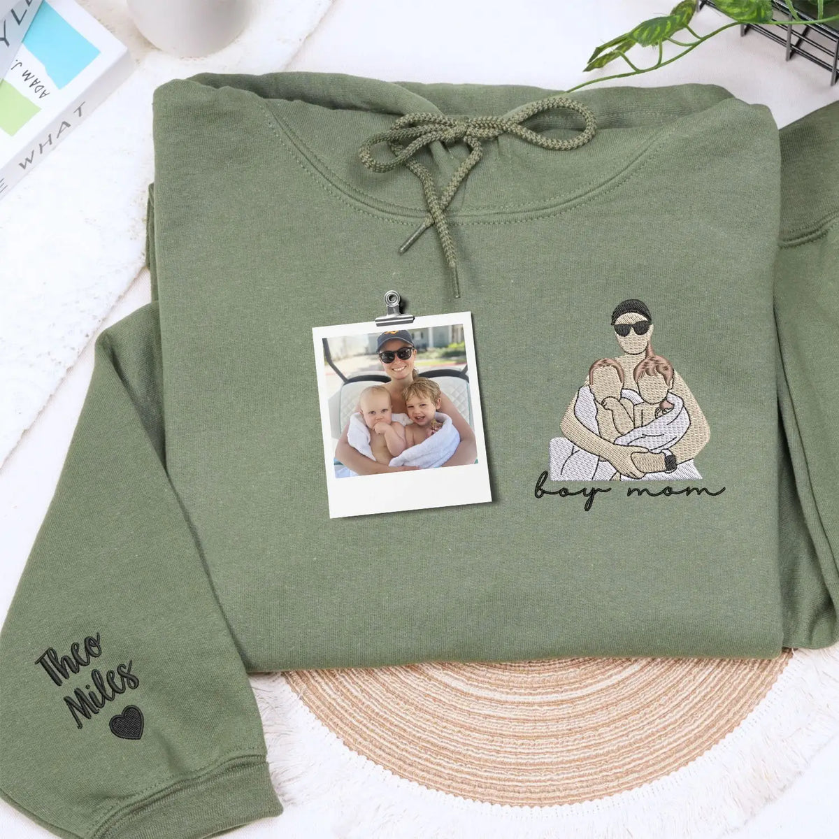 custom embroidered boy mom sweatshirt with kids name on sleeve and personalized family portrait