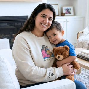 custom embroidered boy mom sweatshirt with kids name on sleeve and personalized family portrait