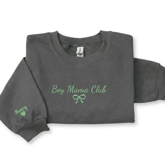 Custom embroidered boy mom sweatshirt with kids names personalized Mother's Day gift for proud mom