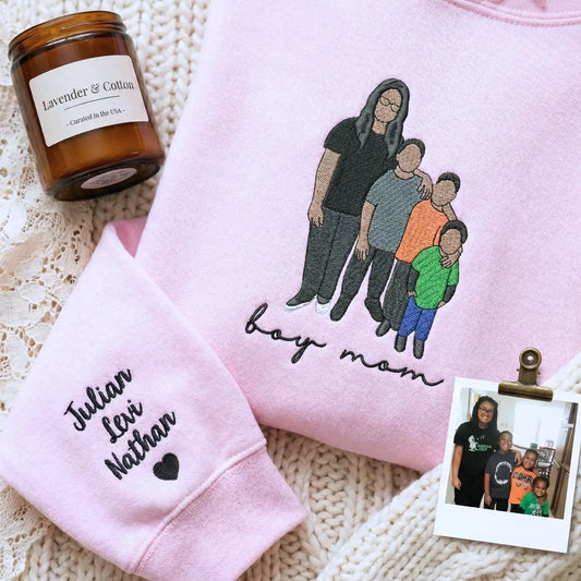 custom embroidered boy mom sweatshirt with kids name on sleeve and personalized family portrait