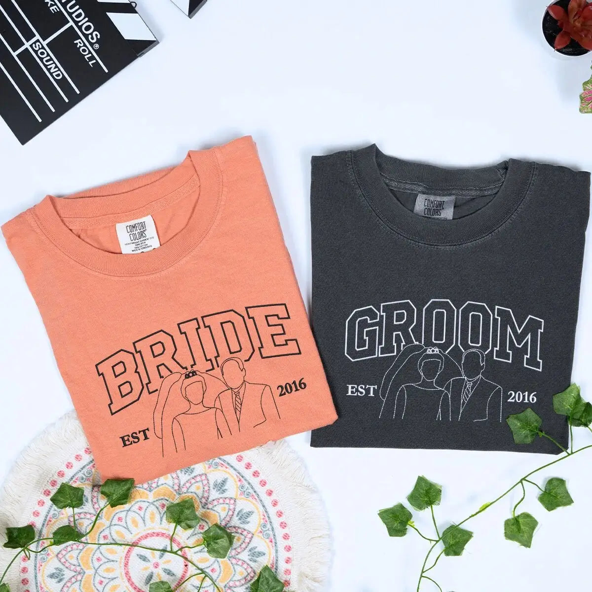 Embroidered bride and groom shirts with custom photo portrait and names on sleeves – perfect personalized wedding gift