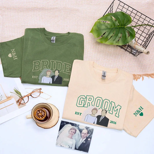 Embroidered bride and groom shirts with custom photo portrait and names on sleeves – perfect personalized wedding gift