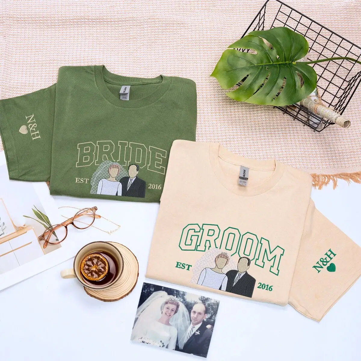 Embroidered bride and groom shirts with custom photo portrait and names on sleeves – perfect personalized wedding gift