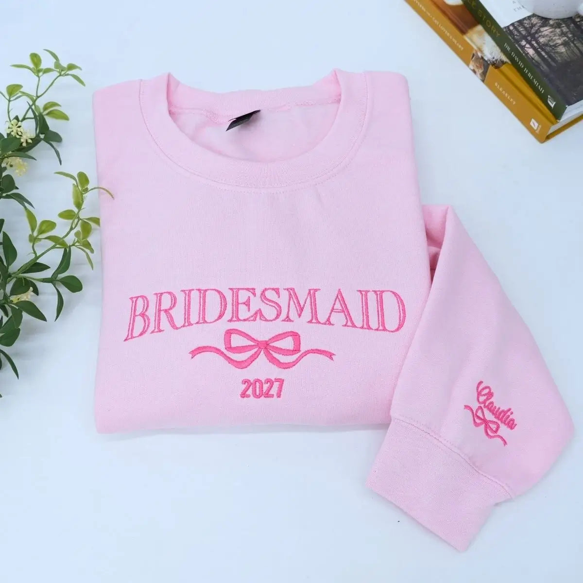 Bridesmaid sweatshirt with embroidered title, year, and coquette bow – perfect bridal party gift