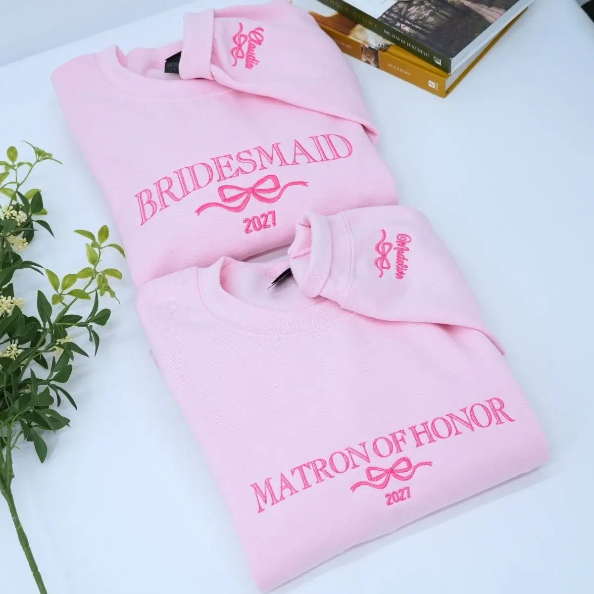 Bridesmaid sweatshirt with embroidered title, year, and coquette bow – perfect bridal party gift