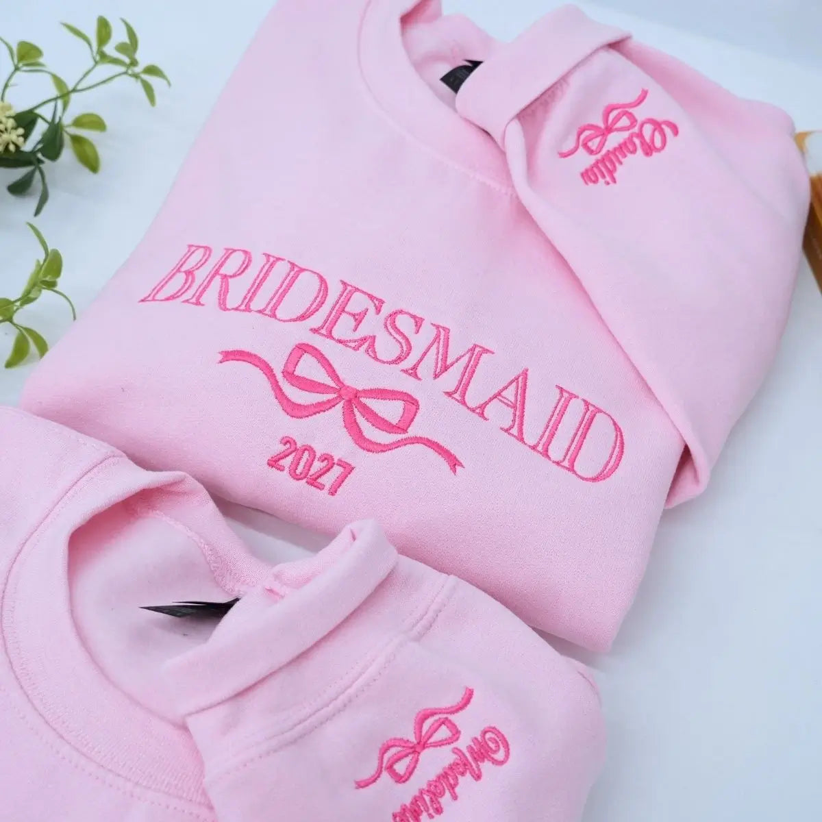 Bridesmaid sweatshirt with embroidered title, year, and coquette bow – perfect bridal party gift