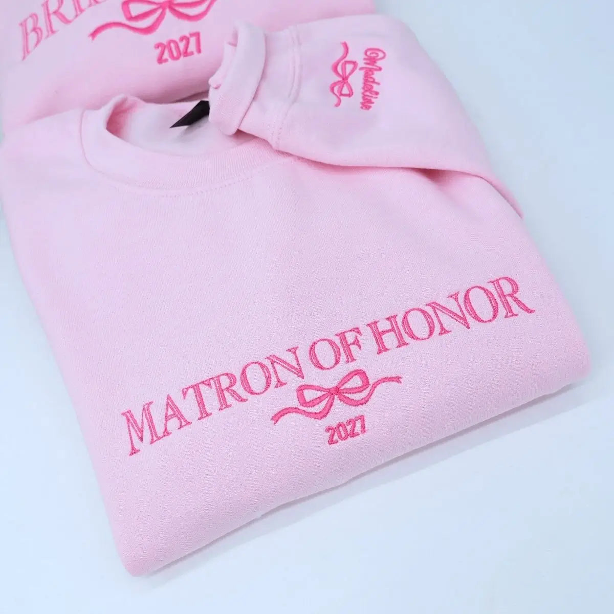 Bridesmaid sweatshirt with embroidered title, year, and coquette bow – perfect bridal party gift