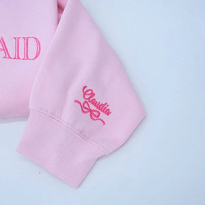 Bridesmaid sweatshirt with embroidered title, year, and coquette bow – perfect bridal party gift