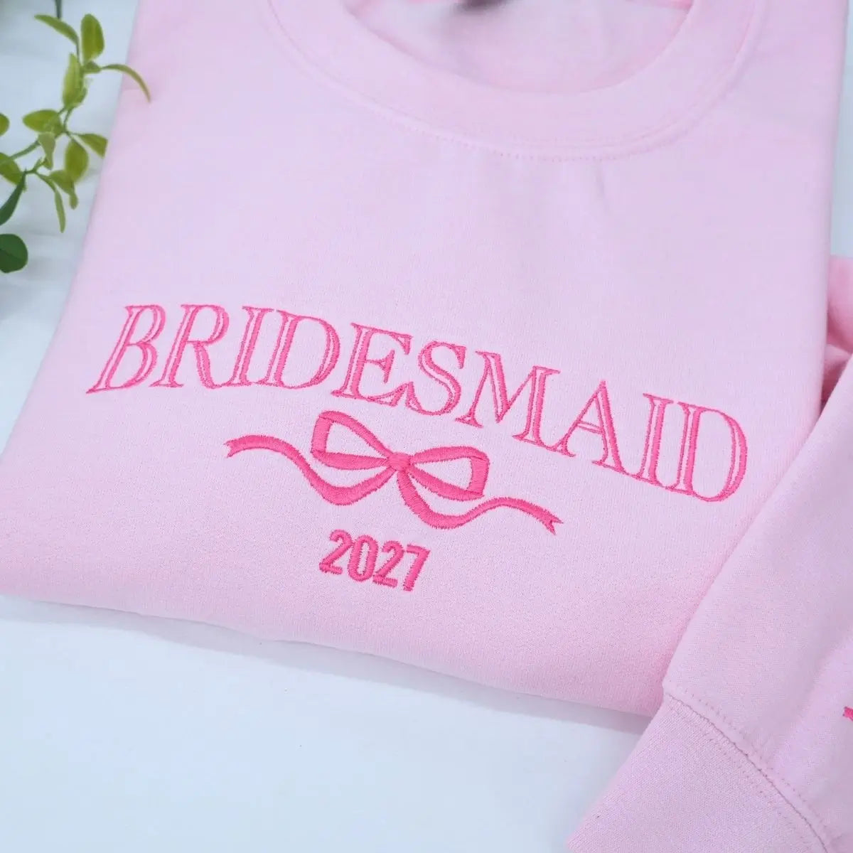 Bridesmaid sweatshirt with embroidered title, year, and coquette bow – perfect bridal party gift