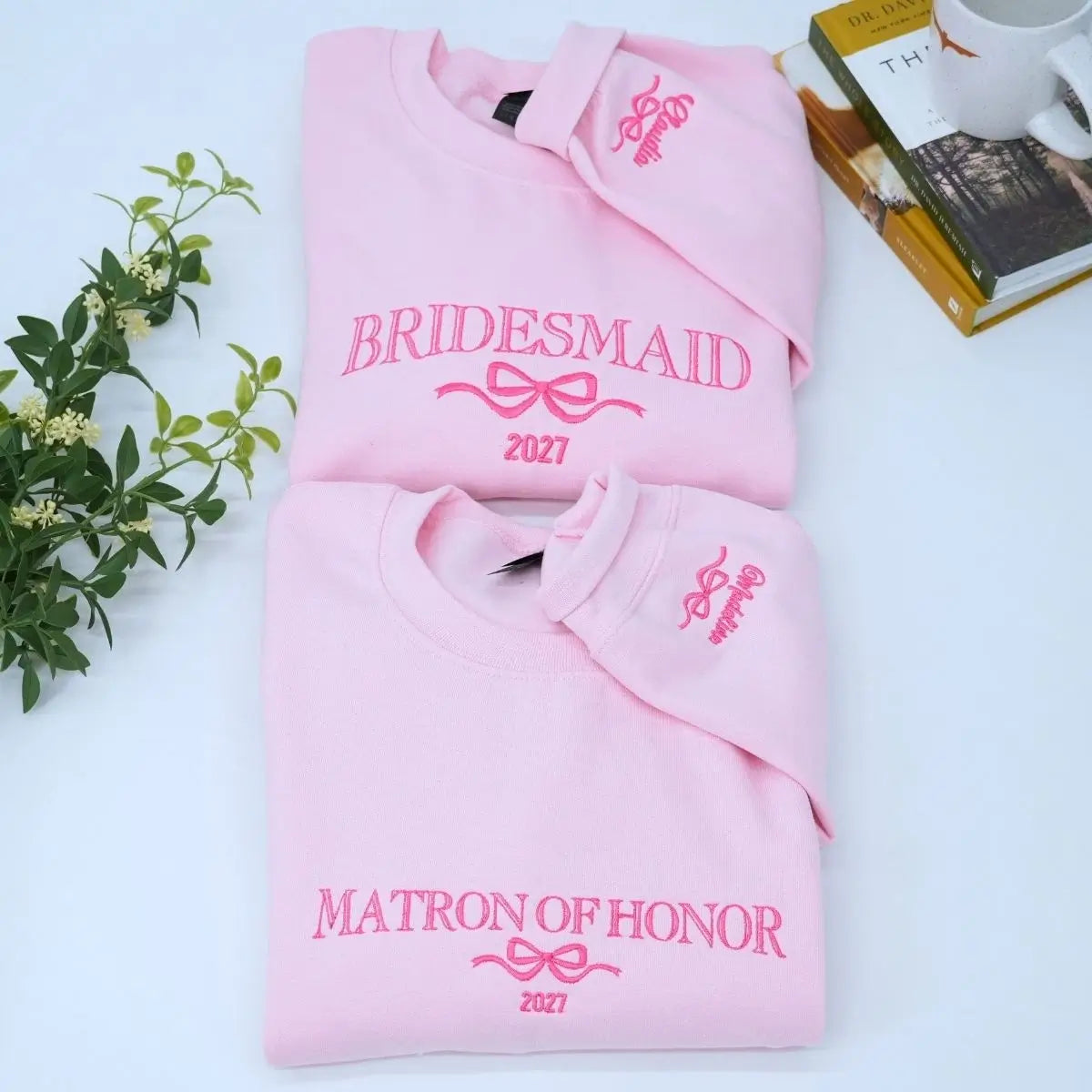 Bridesmaid sweatshirt with embroidered title, year, and coquette bow – perfect bridal party gift