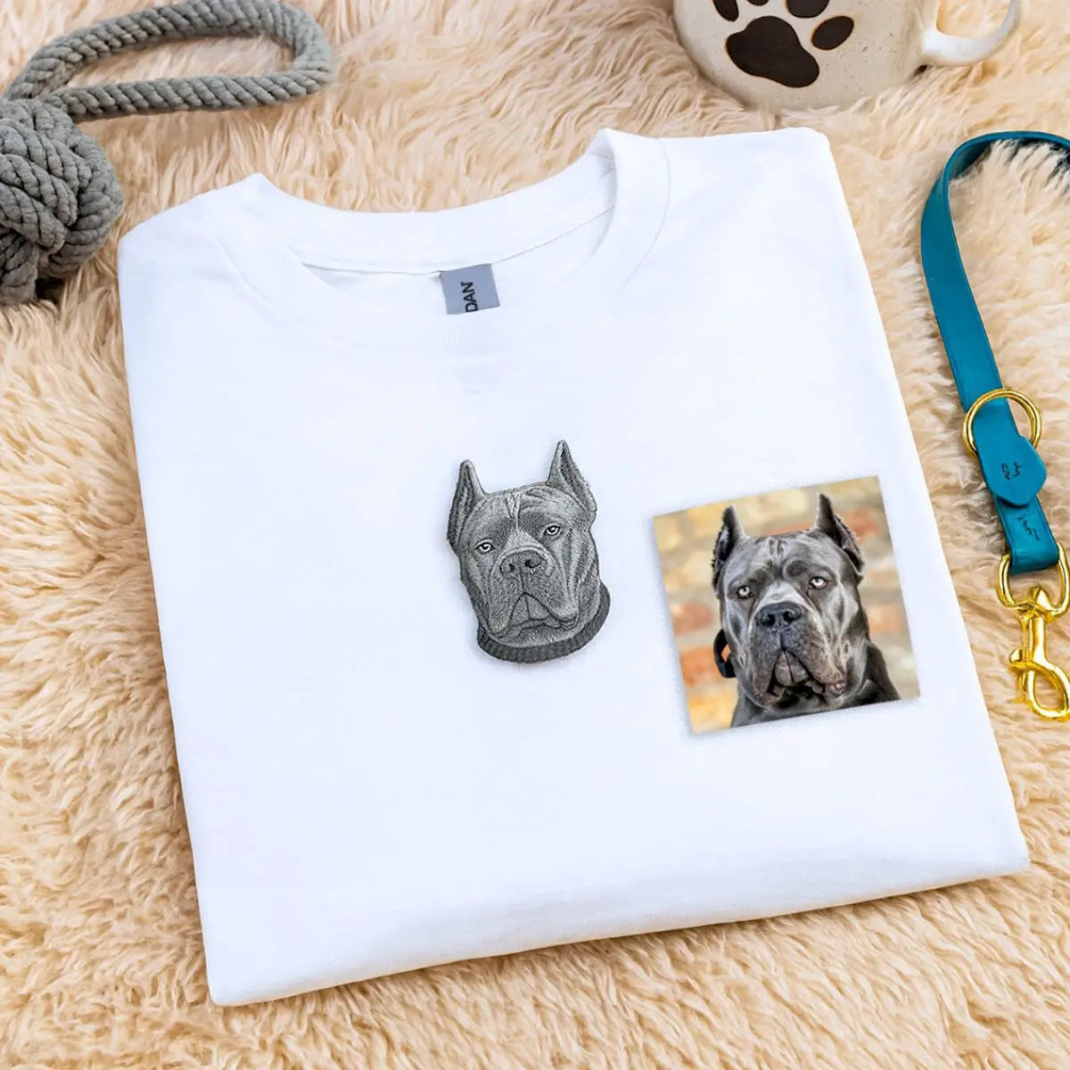 Custom Cane Corso dad shirt with embroidered dog portrait and name on sleeve, perfect gift for dog lovers