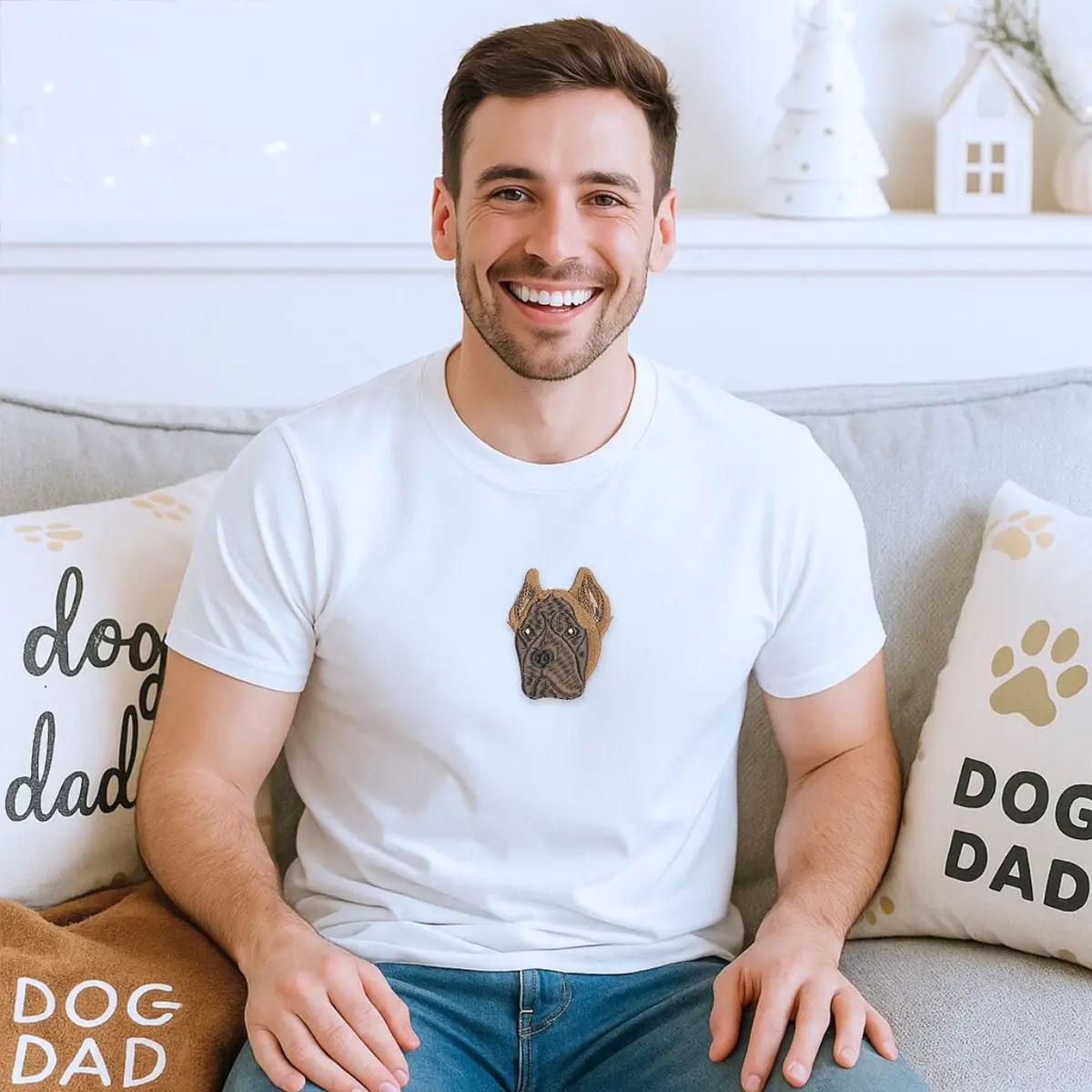 Custom Cane Corso dad shirt with embroidered dog portrait and name on sleeve, perfect gift for dog lovers