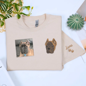 Custom Cane Corso dad shirt with embroidered dog portrait and name on sleeve, perfect gift for dog lovers