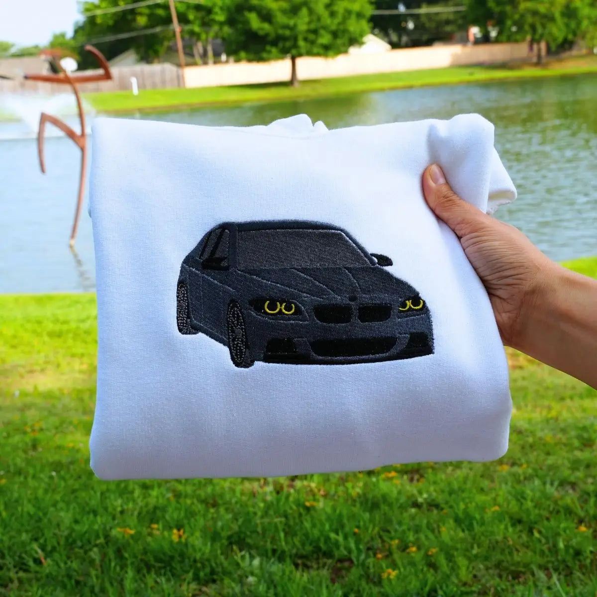 Custom embroidered sweatshirt with car design based on personal photo – perfect car lover gift