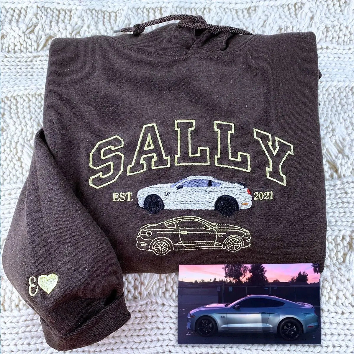 Custom embroidered sweatshirt featuring car photo with name and EST year – gift for car lovers