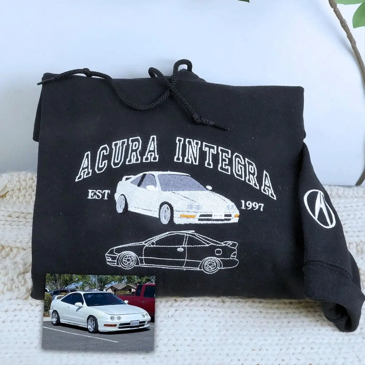 Custom embroidered sweatshirt featuring car photo with name and EST year – gift for car lovers