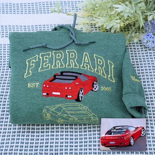 Custom embroidered sweatshirt featuring car photo with name and EST year – gift for car lovers