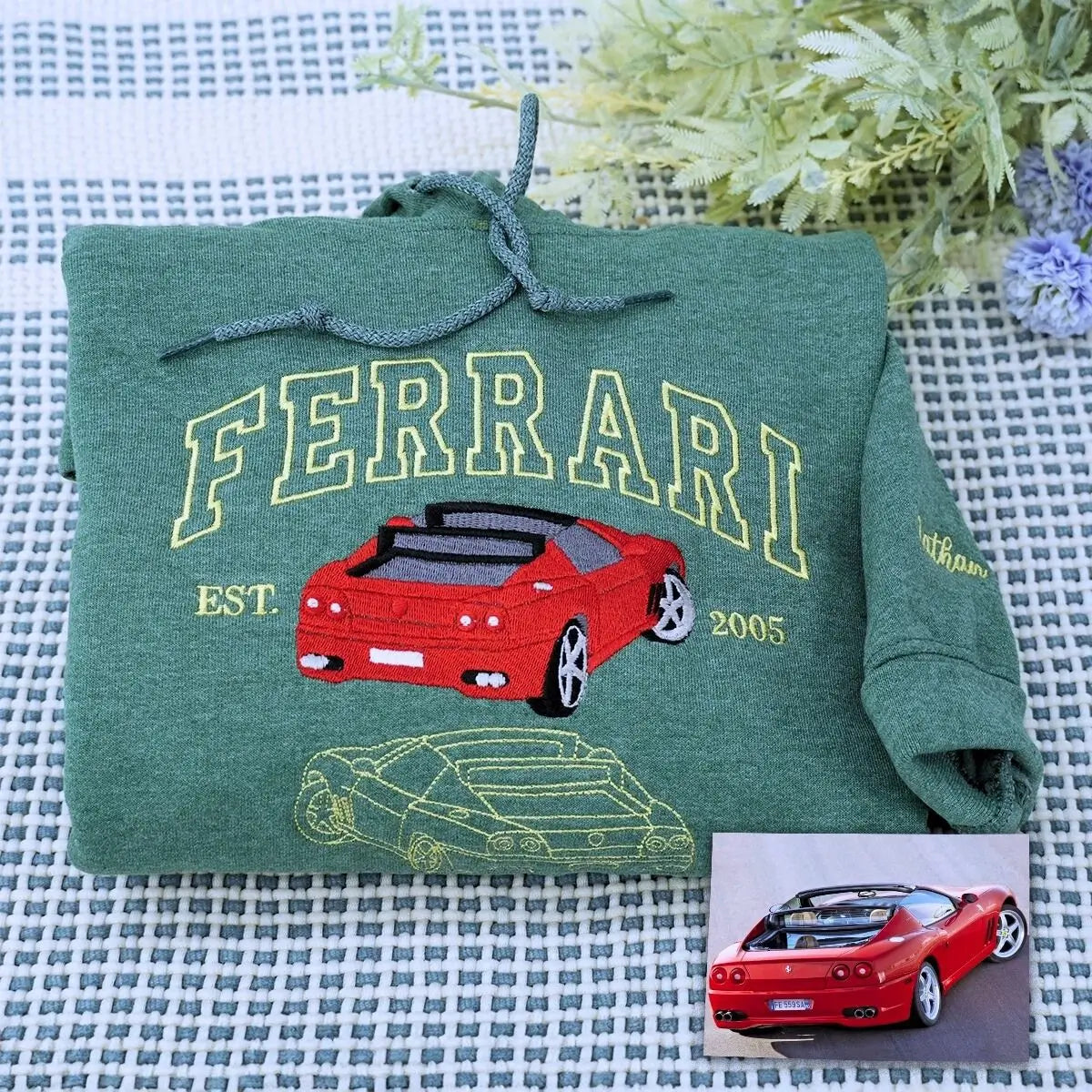 Custom embroidered sweatshirt featuring car photo with name and EST year – gift for car lovers