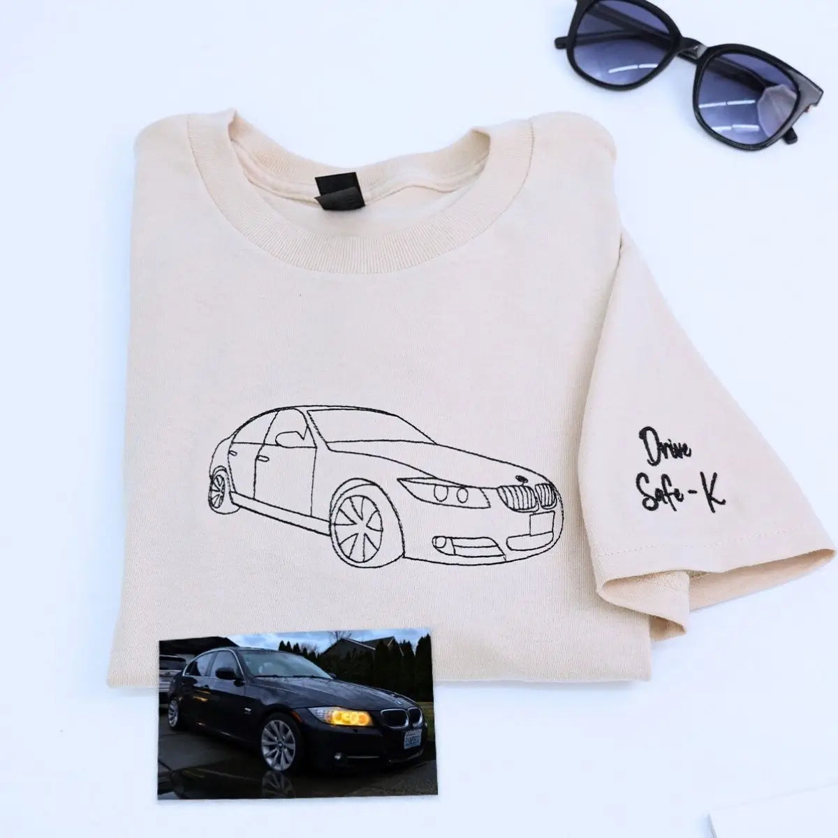 Custom embroidered sweatshirt with car design based on personal photo – perfect car lover gift