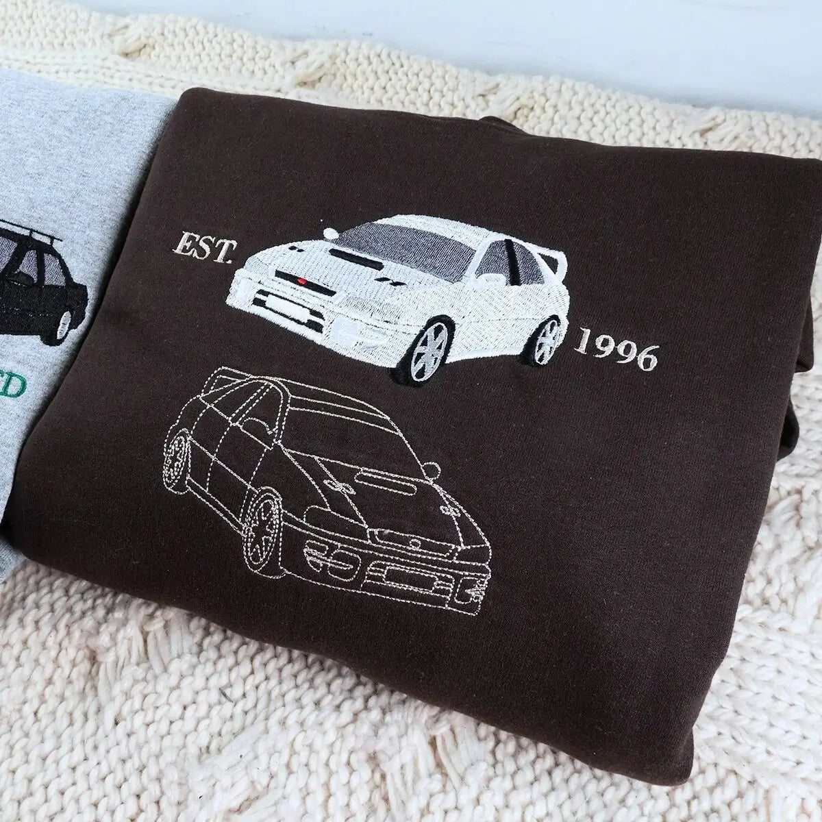Custom embroidered sweatshirt featuring car photo with name and EST year – gift for car lovers