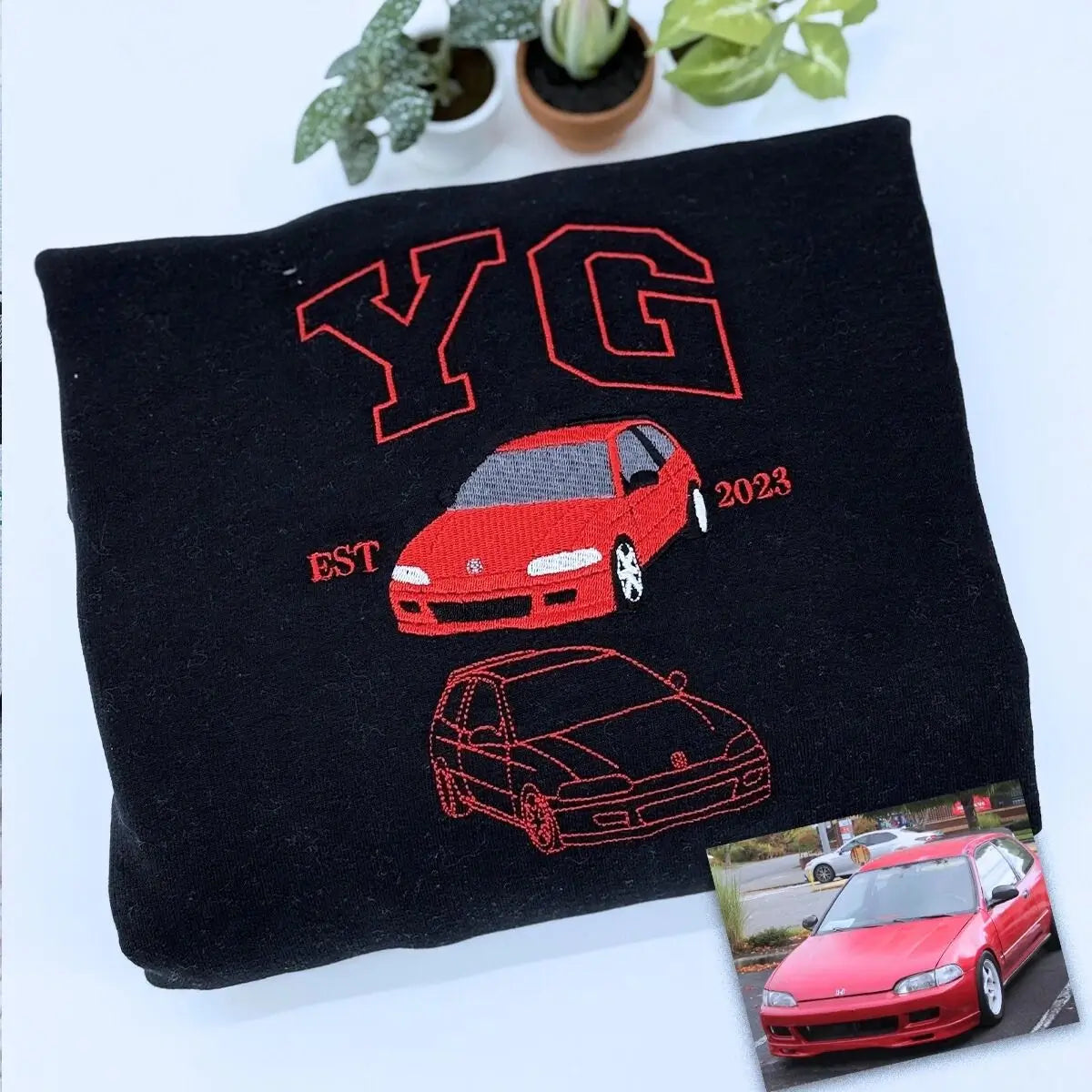 Custom embroidered sweatshirt featuring car photo with name and EST year – gift for car lovers
