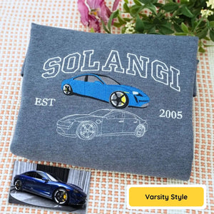Custom embroidered sweatshirt featuring car photo with name and EST year – gift for car lovers