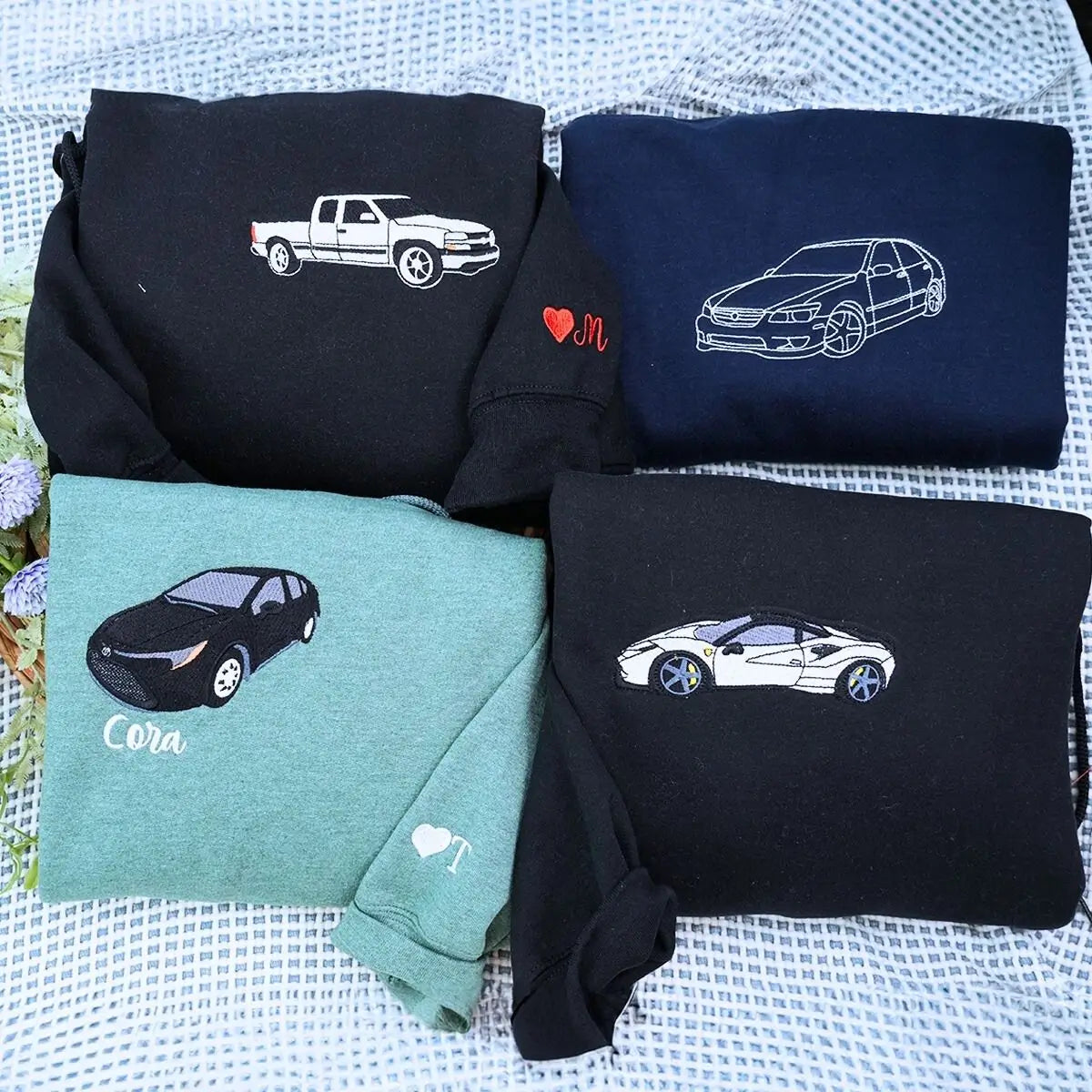 Custom embroidered sweatshirt with car design based on personal photo – perfect car lover gift