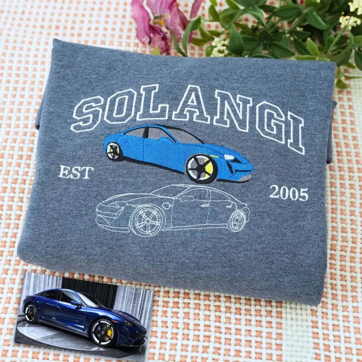 Custom embroidered sweatshirt featuring car photo with name and EST year – gift for car lovers