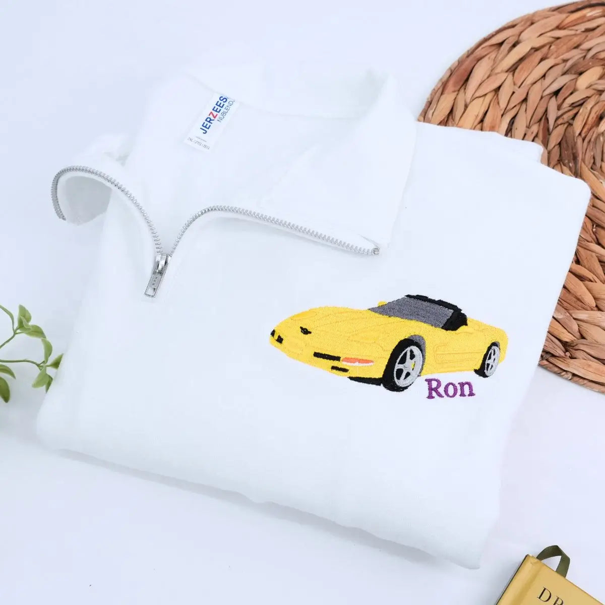 Embroidered car hoodie with zip-up front, featuring custom car portrait and sleeve text