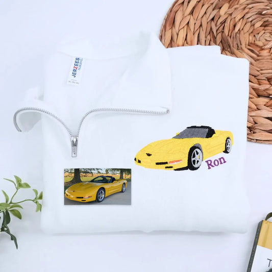 Embroidered car hoodie with zip-up front, featuring custom car portrait and sleeve text