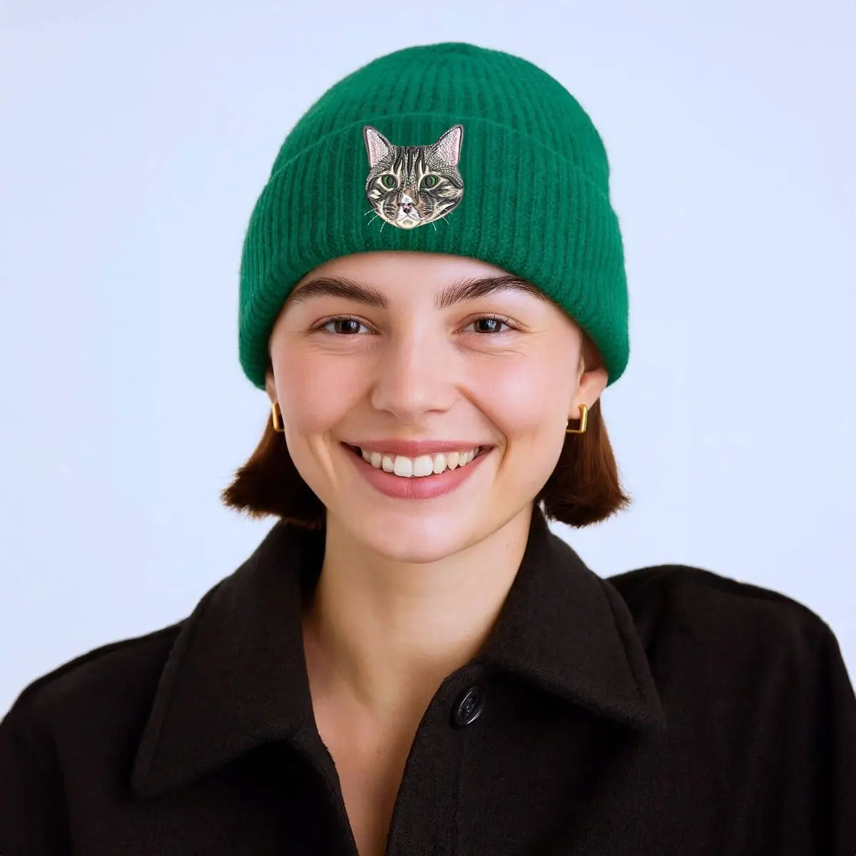 Custom embroidered cat beanie with personalized cat portrait design, cozy winter hat for cat lovers