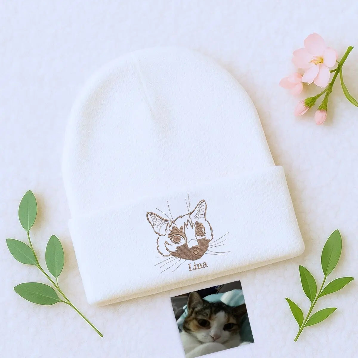 Custom embroidered cat beanie with personalized cat portrait design, cozy winter hat for cat lovers