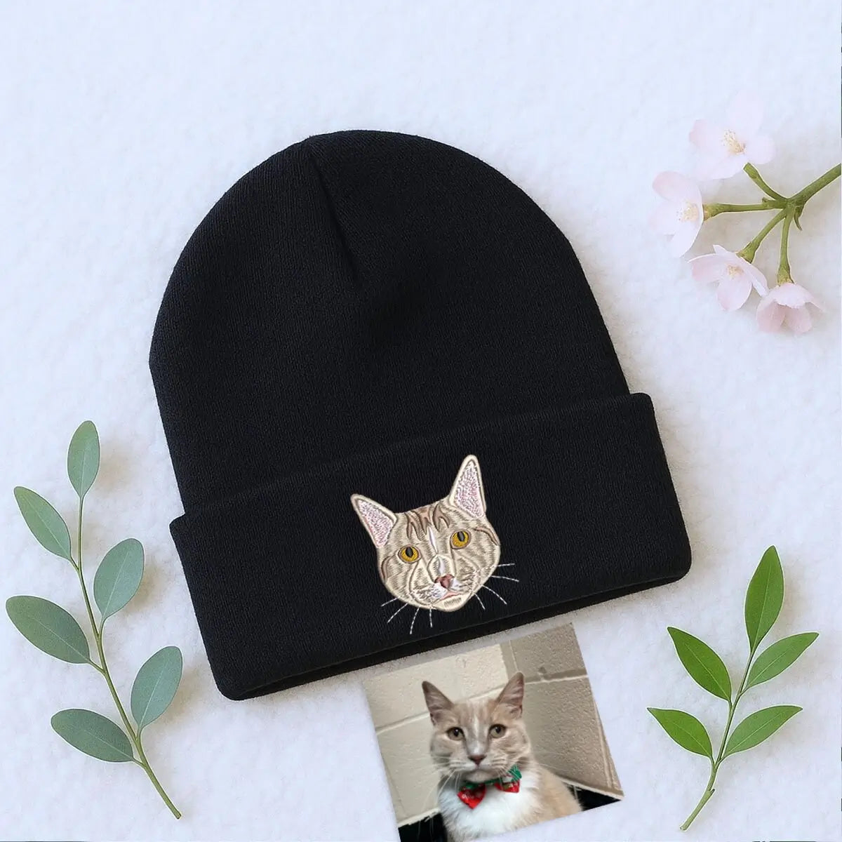 Custom embroidered cat beanie with personalized cat portrait design, cozy winter hat for cat lovers