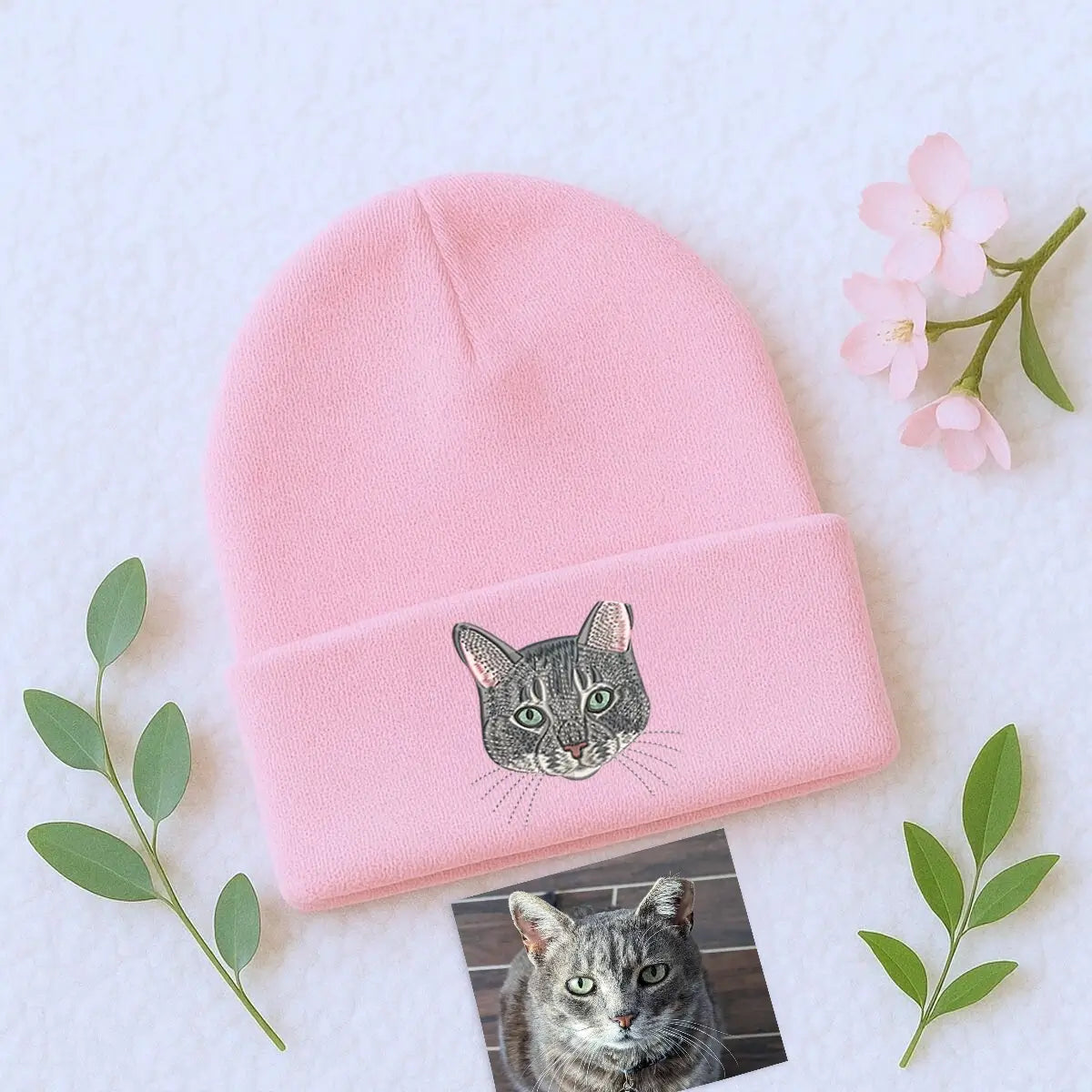 Custom embroidered cat beanie with personalized cat portrait design, cozy winter hat for cat lovers