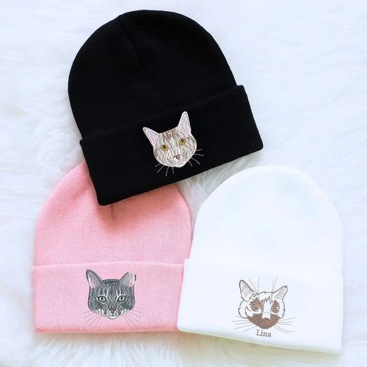 Custom embroidered cat beanie with personalized cat portrait design, cozy winter hat for cat lovers