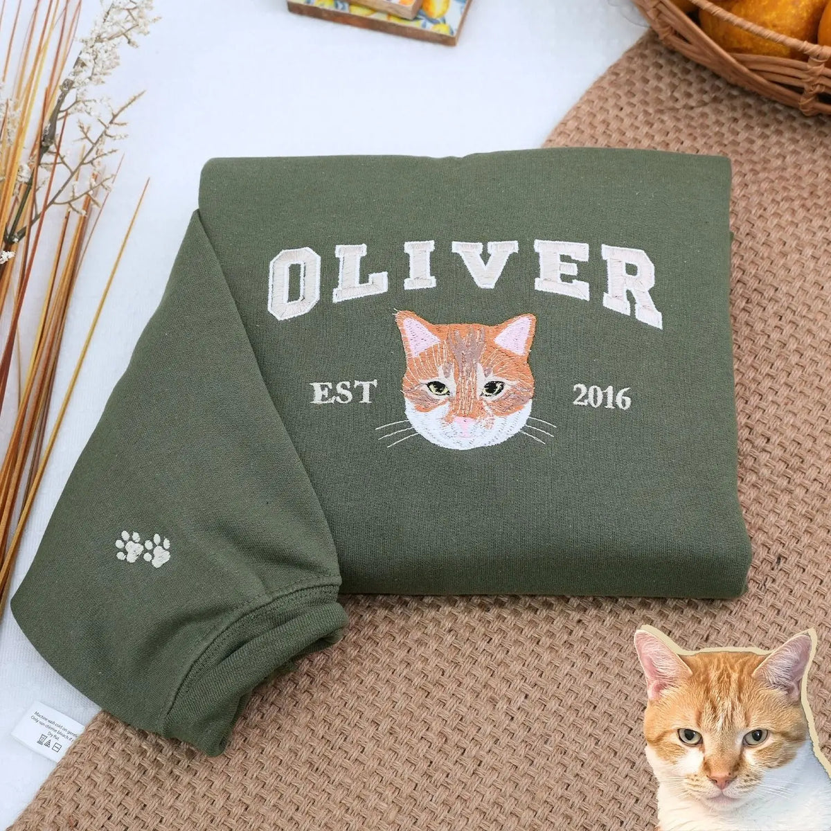 Custom embroidered cat dad sweatshirt with pet portrait from photo