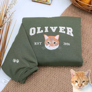 Custom embroidered cat dad sweatshirt with pet portrait from photo