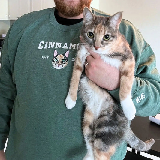 Custom embroidered cat dad sweatshirt with pet portrait from photo