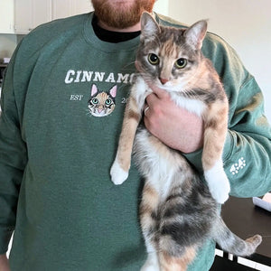 Custom embroidered cat dad sweatshirt with pet portrait from photo
